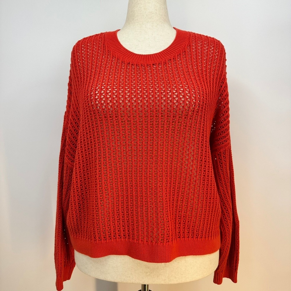 Old Navy Womens XL Orange Red Open Knit Cotton Crochet Sweater Crew Neck Relaxed